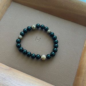 Jai Dam - Rose Gold JD Cross Ball Onyx Elastic Bracelet - Large / Black